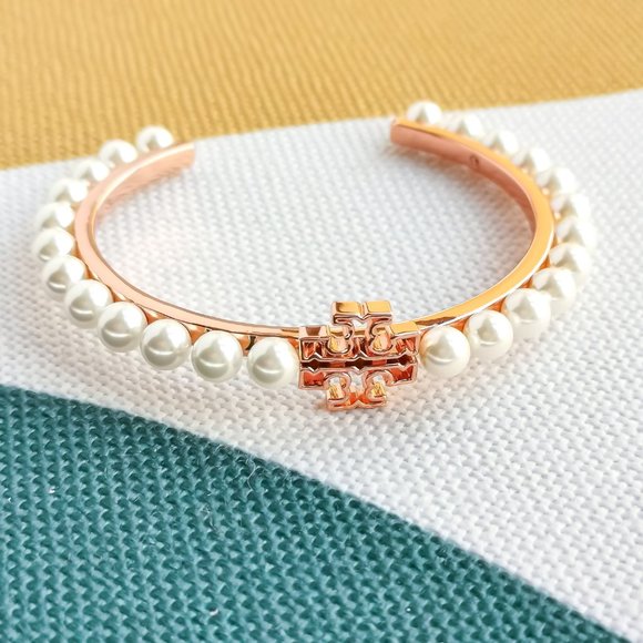 Tory Burch Jewelry - ❤️❤️ New Tory Burch Rose Gold Pearl Logo Embellished Cuff Bangle